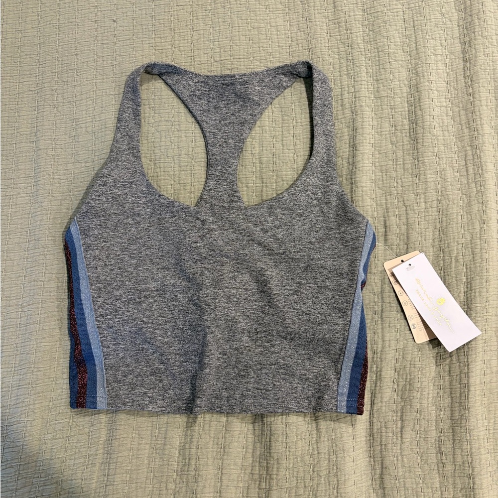Spiritual Gangster Gray Racerback Crop Bralette with Blue and Burgundy Stripes
